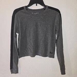 Under Armour Womens Crop Top loose Long Sleeve shirt Mesh Stripe GREY Small Logo